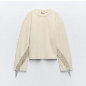 BNWT Zara Ecru Sweater with rhinestone fringe detail SZ L